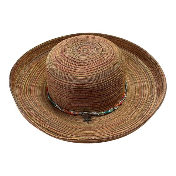 Sun N’ Sand Woven Straw Hat – Multicolor Stripe with Beaded Chain & Starfish - Picture 1 of 5